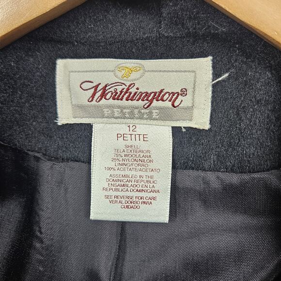 Worthington Overcoat Womens 12 Petite Wool Blend Black Double Breasted Trench - Picture 5 of 16